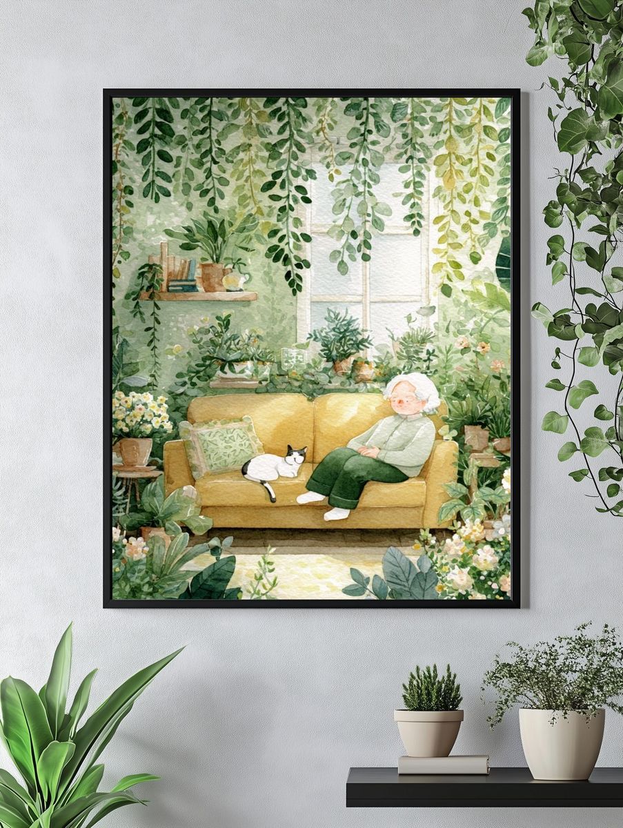 Cozy Greenhouse Reading Nook Illustration Poster. — room view 4