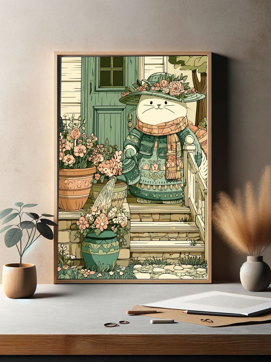 Garden Cat Illustration Poster. — room view 2