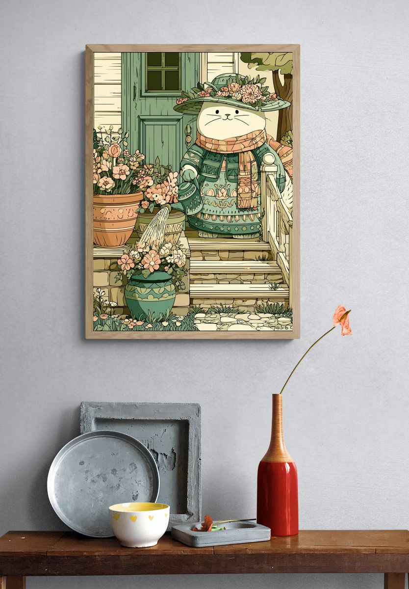 Garden Cat Illustration Poster. — room view 3