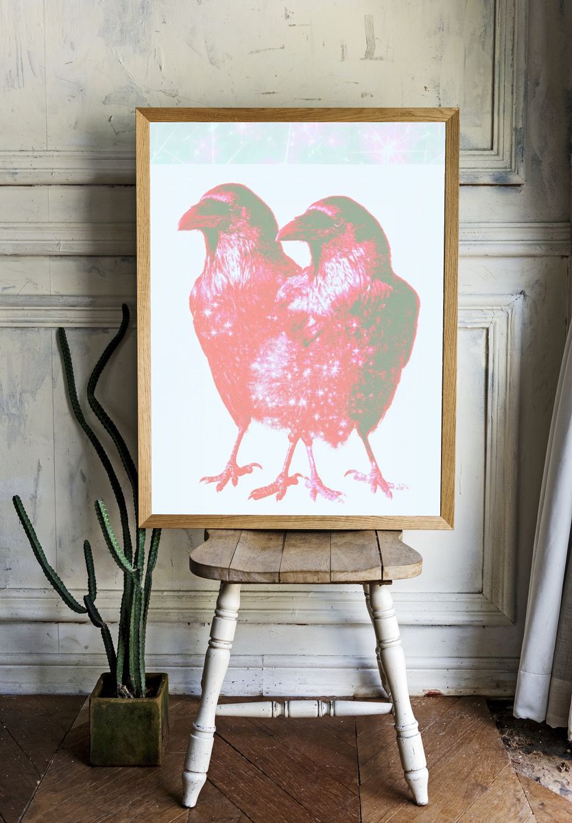 Twin Sparkle Birds Illustration Poster. room preview