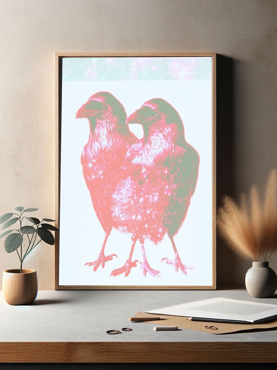 Twin Sparkle Birds Illustration Poster. — room view 2