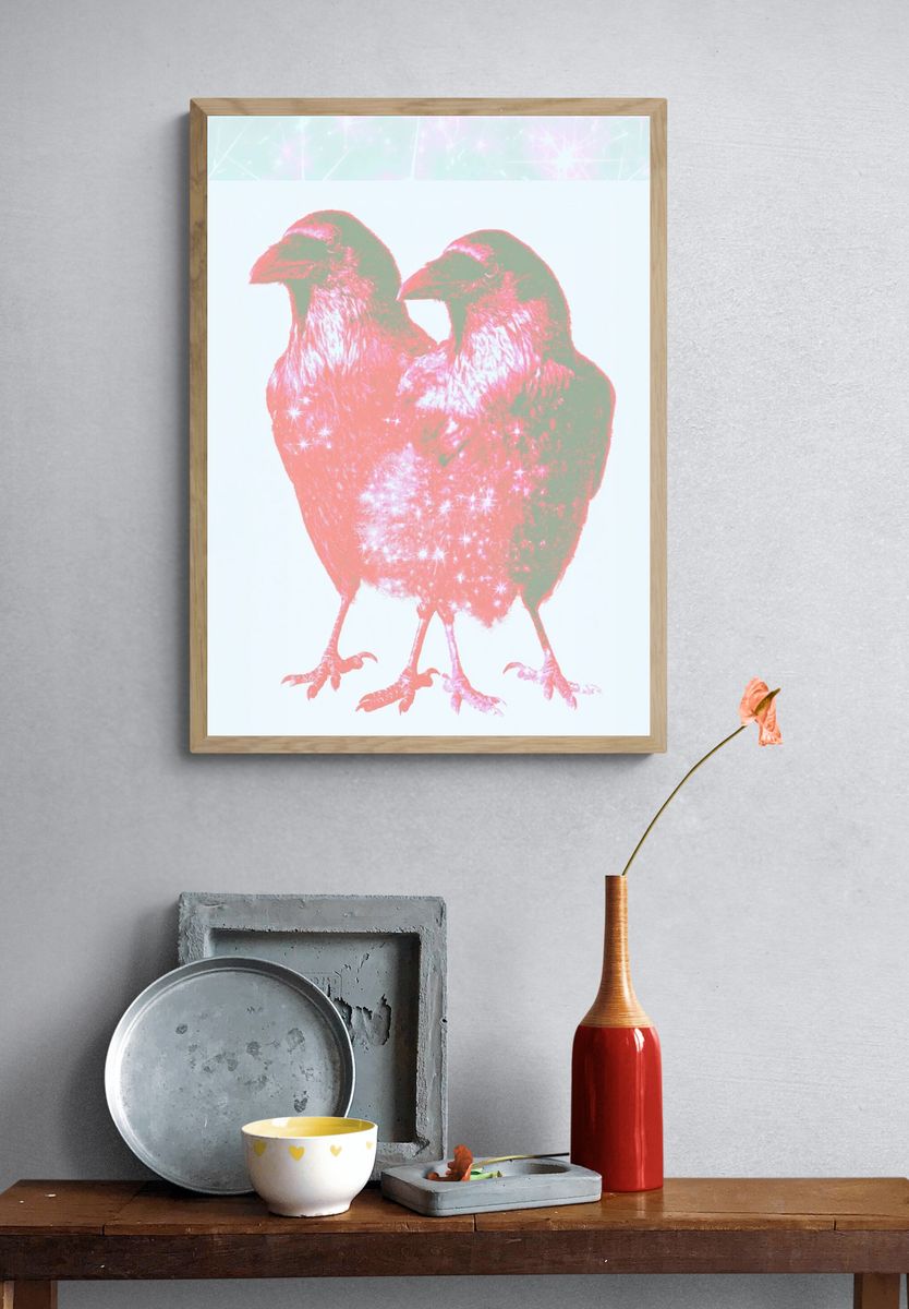 Twin Sparkle Birds Illustration Poster. — room view 3
