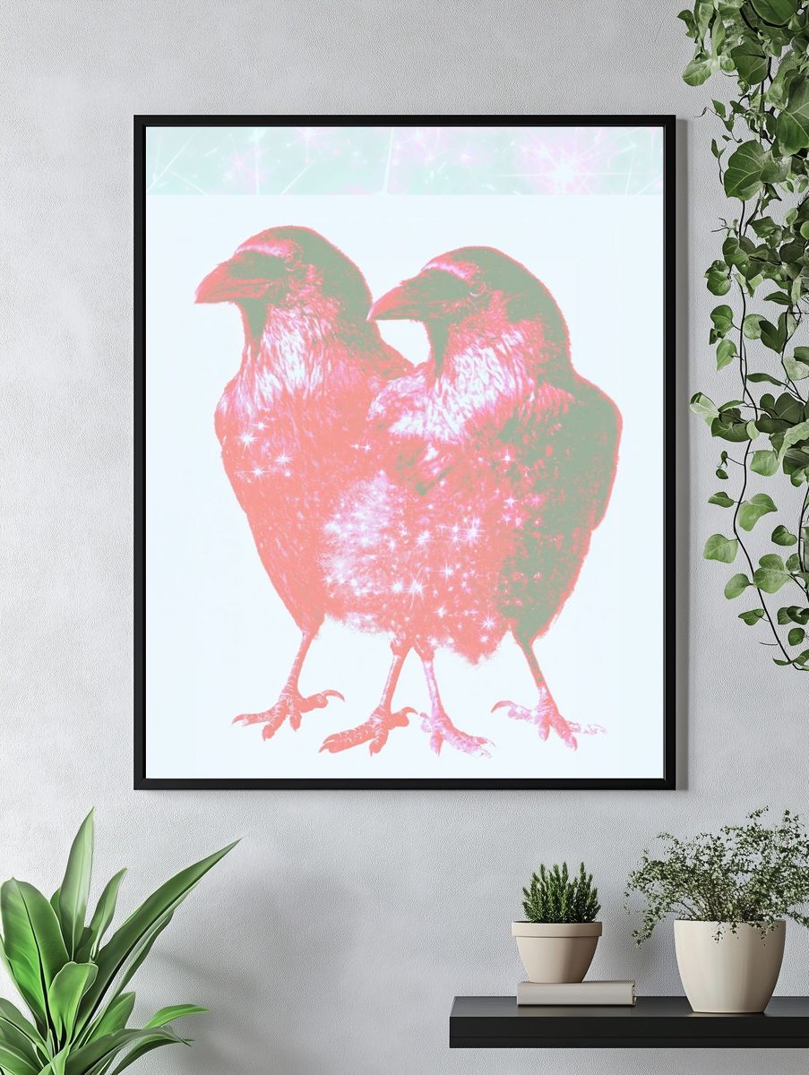 Twin Sparkle Birds Illustration Poster. — room view 4