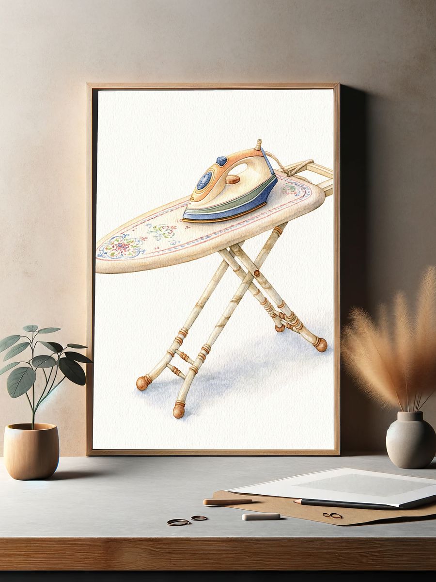 Vintage Ironing Board Watercolor Poster. — room view 2