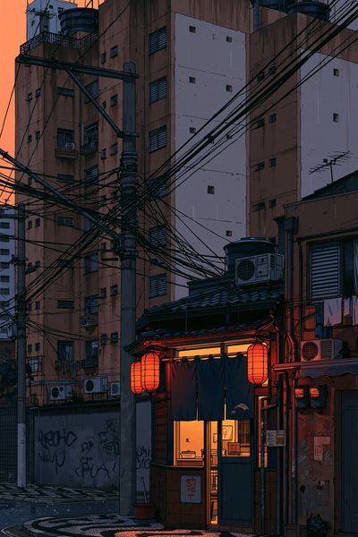 Tokyo Alley at Dusk Illustration Poster.