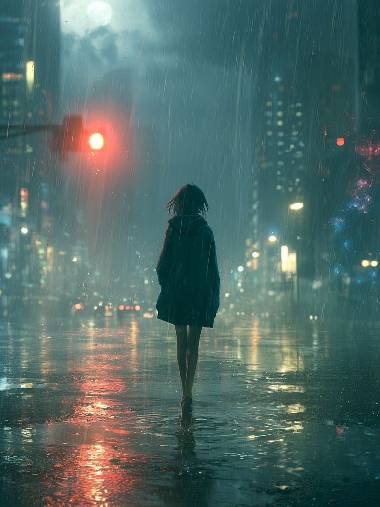 Rainy Neon City Walk Poster. poster detail