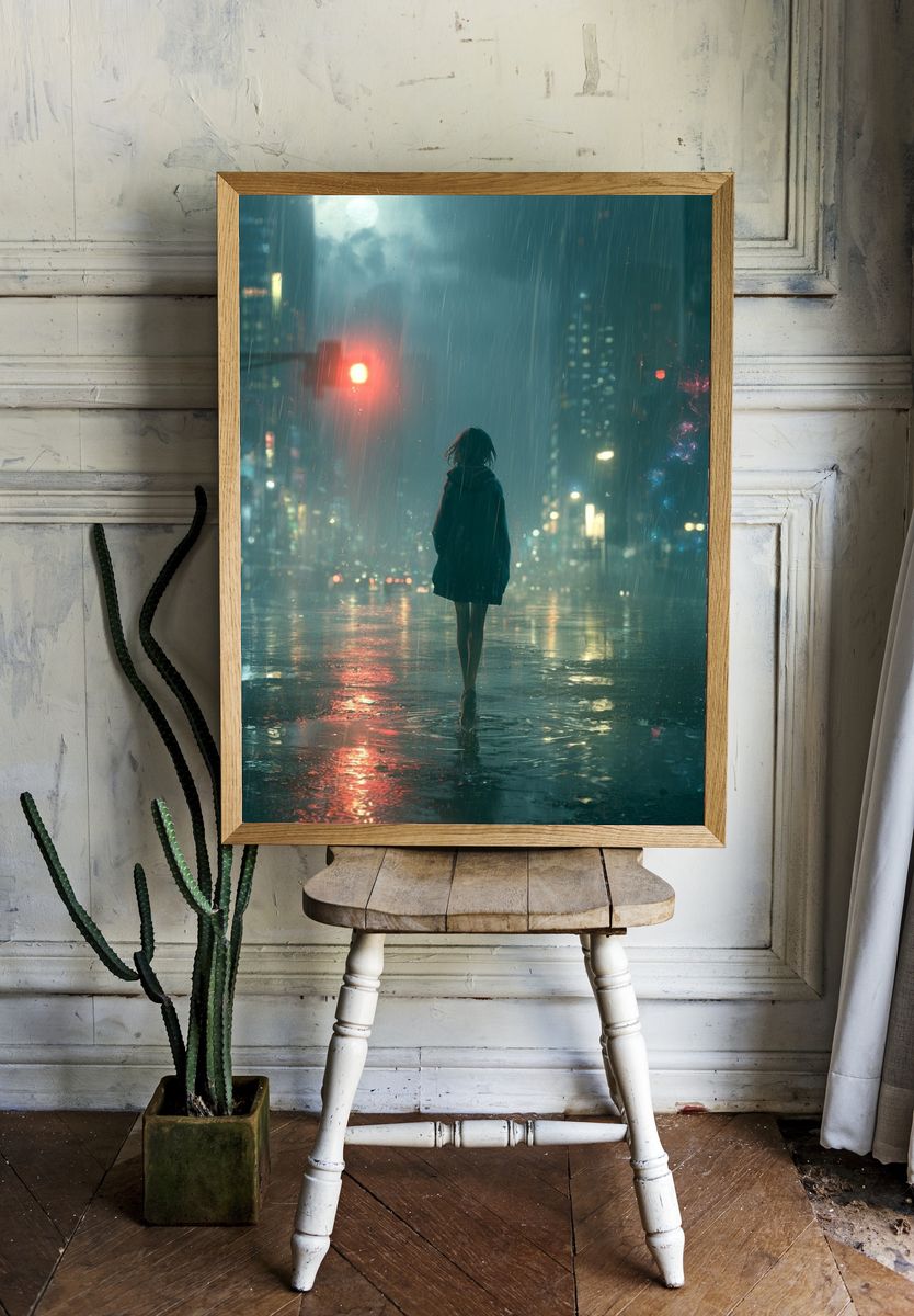Rainy Neon City Walk Poster. — room view 1