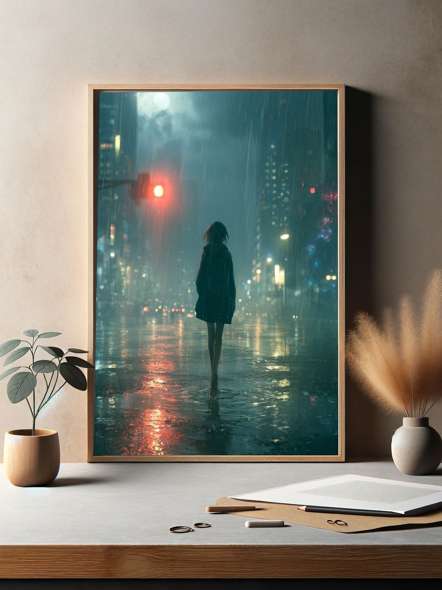 Rainy Neon City Walk Poster. — room view 2