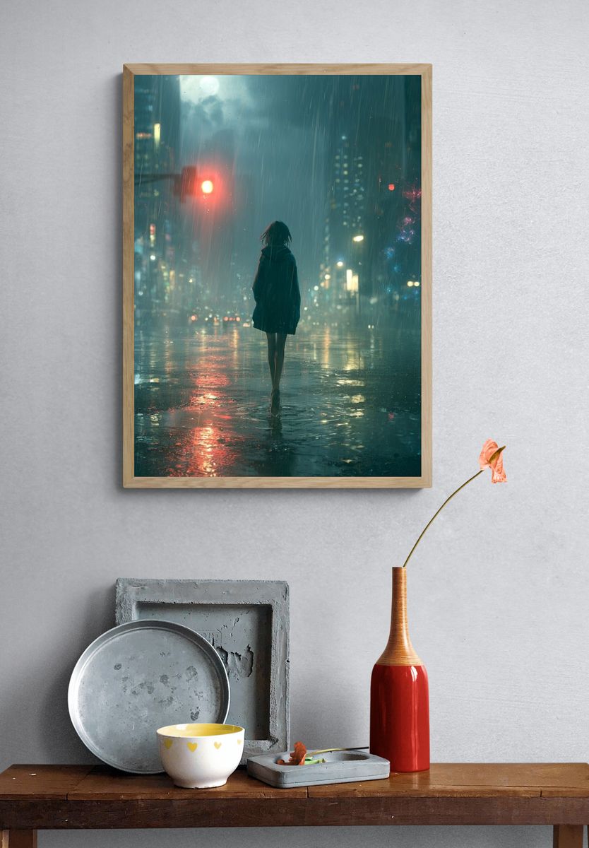 Rainy Neon City Walk Poster. — room view 3