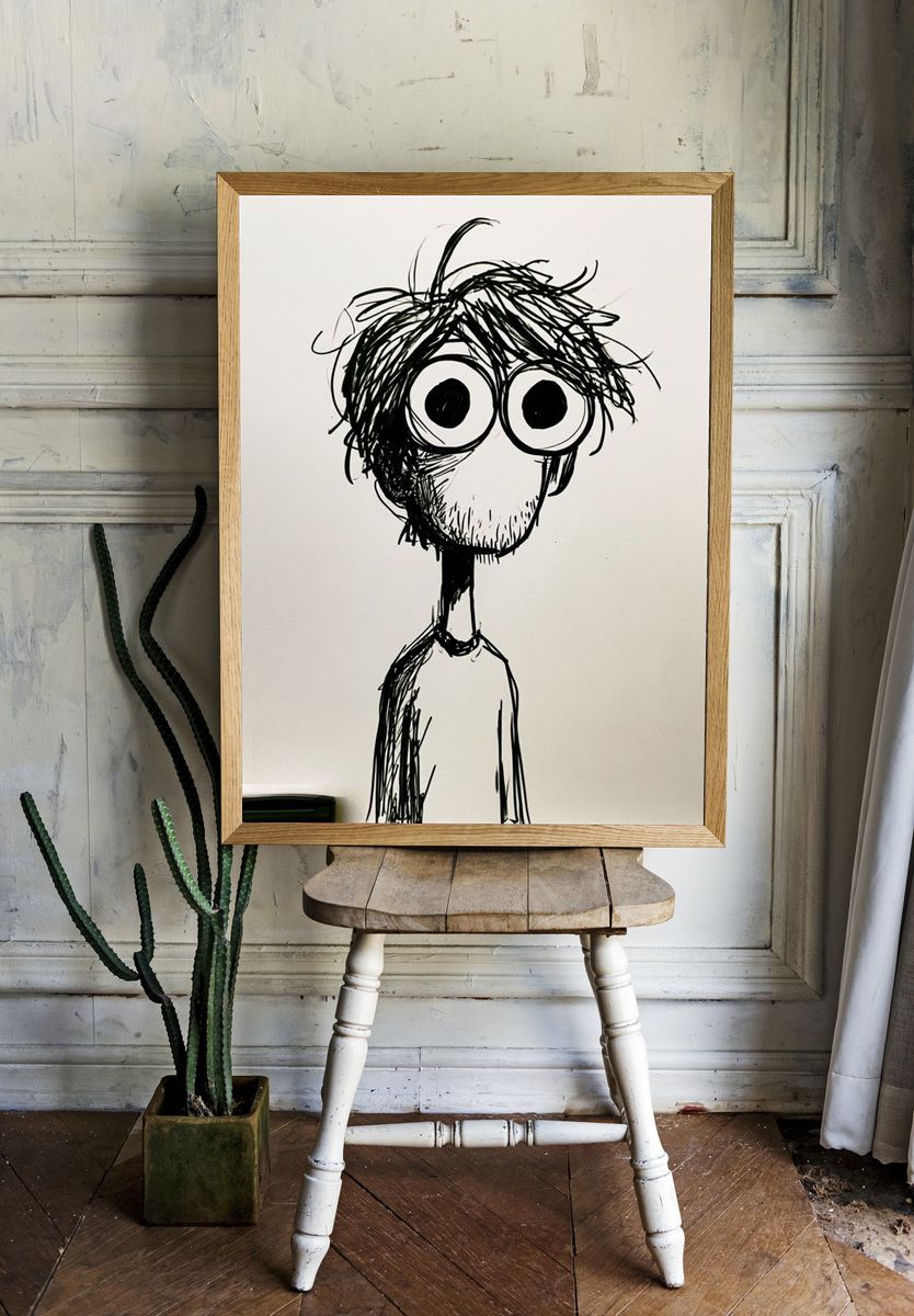 Wide-Eyed Scribble Portrait Poster. room preview