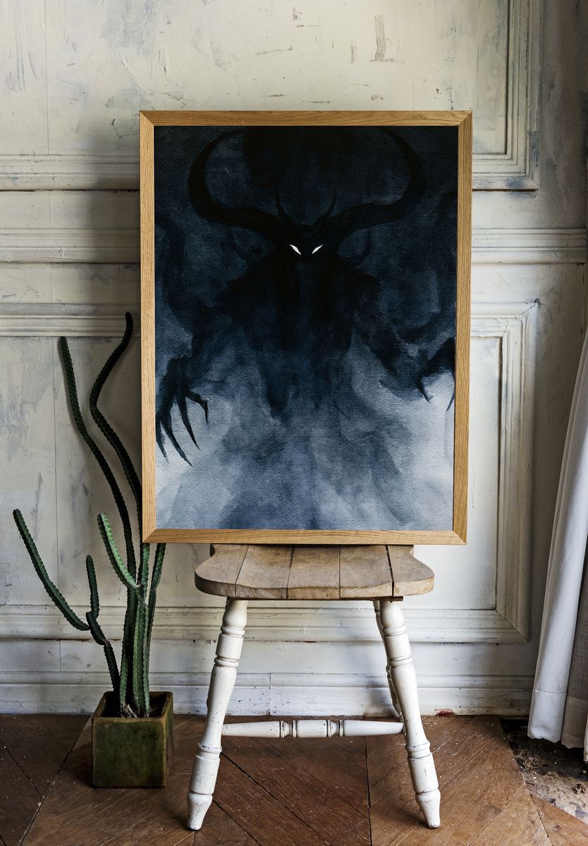 Shadowed Demon Watercolor Print. room preview