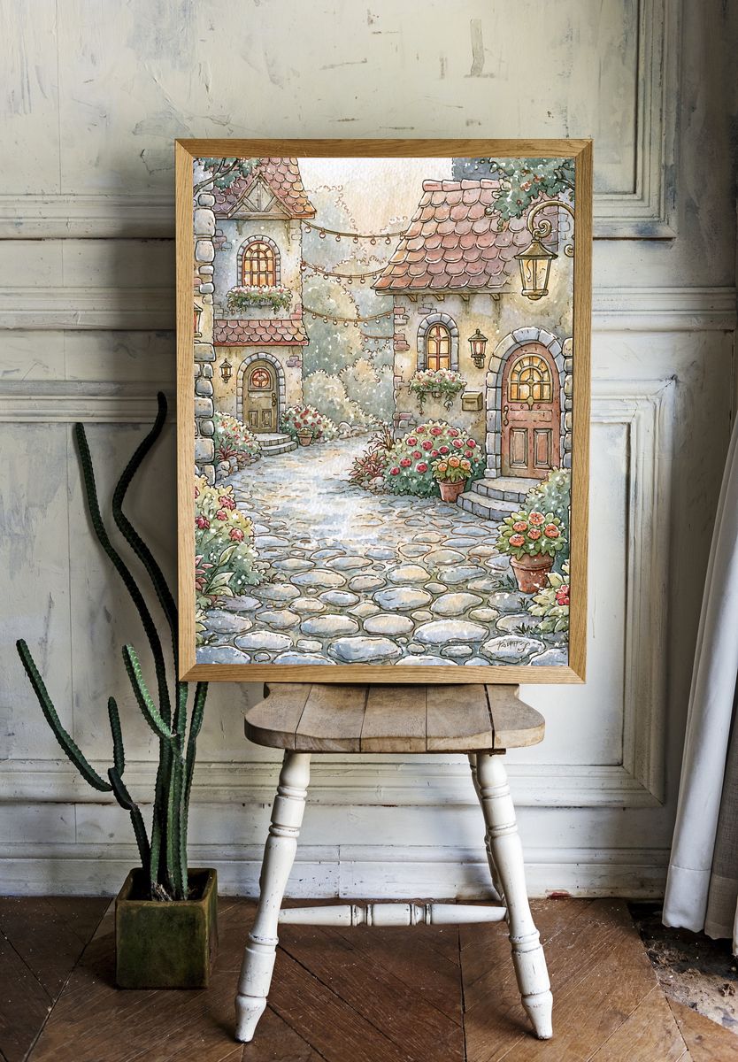 Cottage Garden Lane Illustration Poster. — room view 1