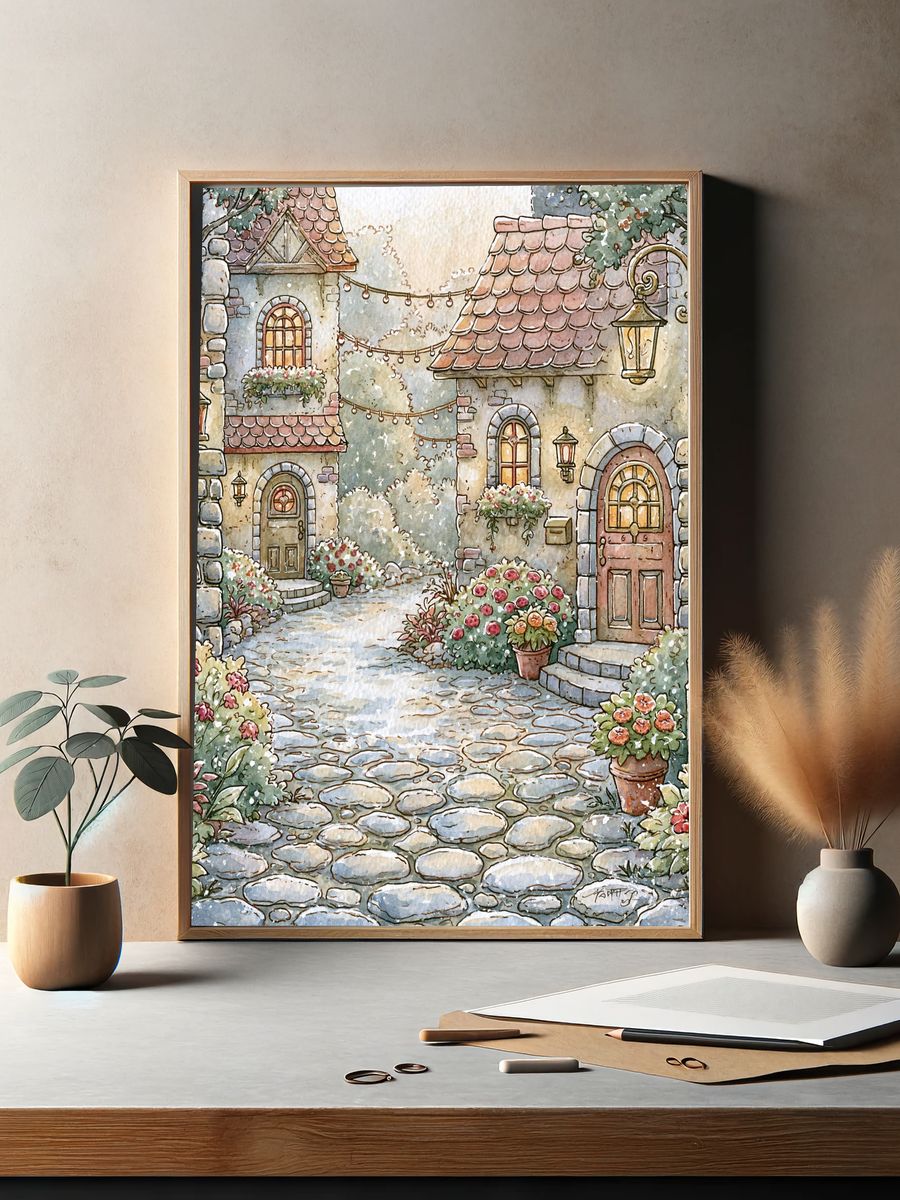 Cottage Garden Lane Illustration Poster. — room view 2