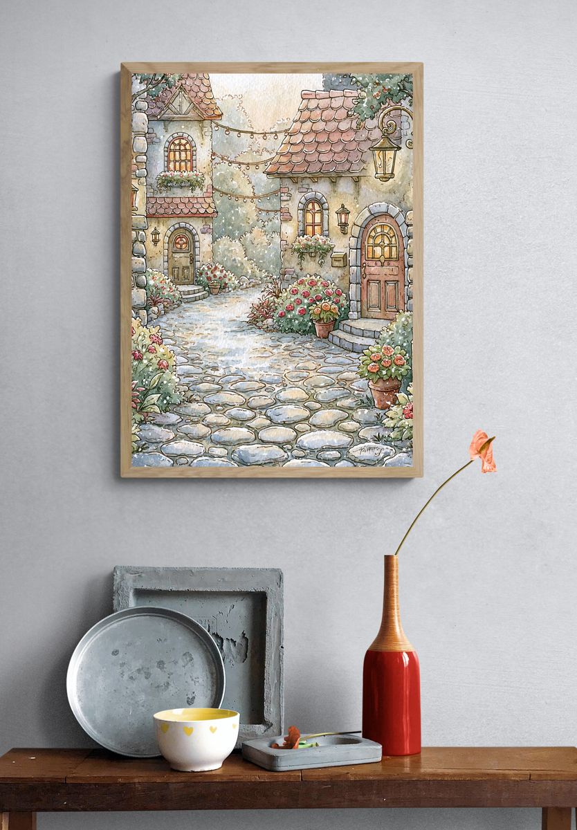 Cottage Garden Lane Illustration Poster. — room view 3