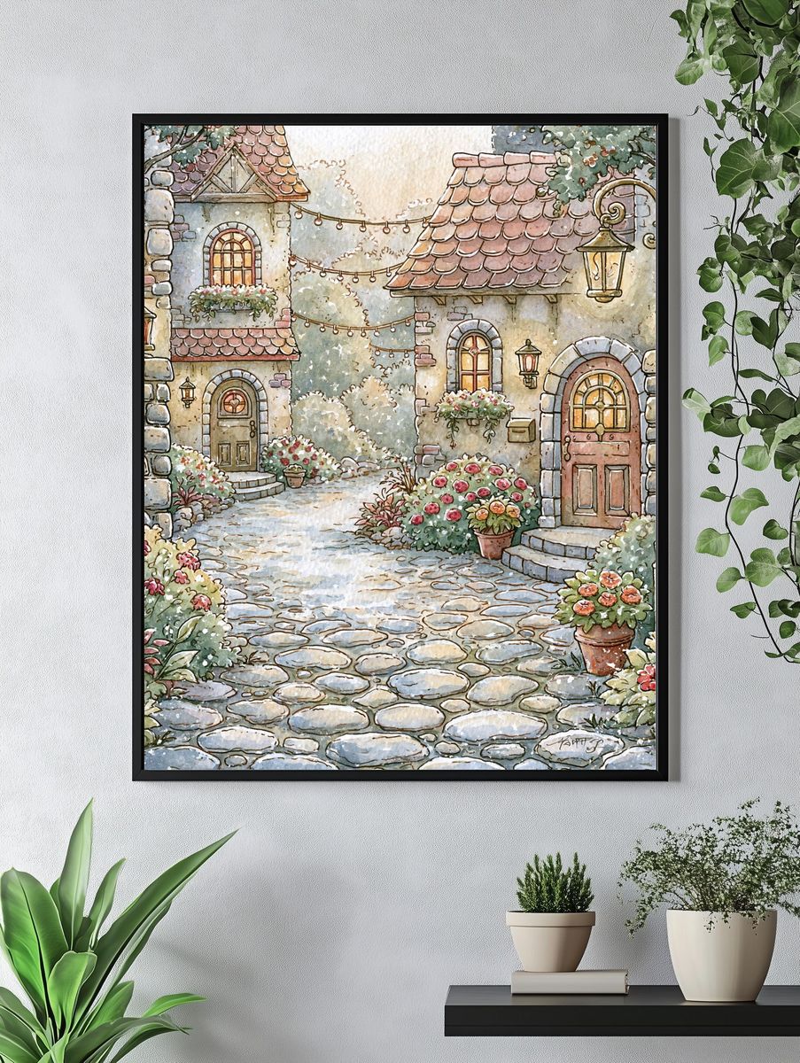Cottage Garden Lane Illustration Poster. — room view 4