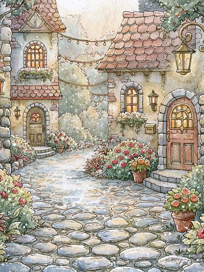 Cottage Garden Lane Illustration Poster. poster