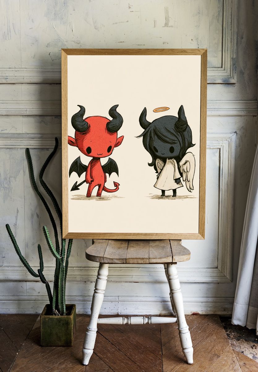 Cute Devil and Angel Illustration Poster. room preview