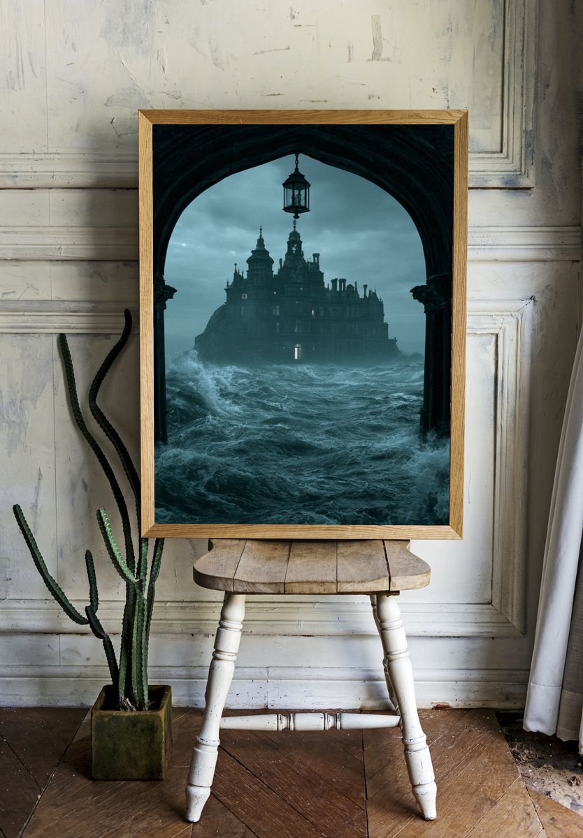 Stormy Seaside Castle Fantasy Print. room preview