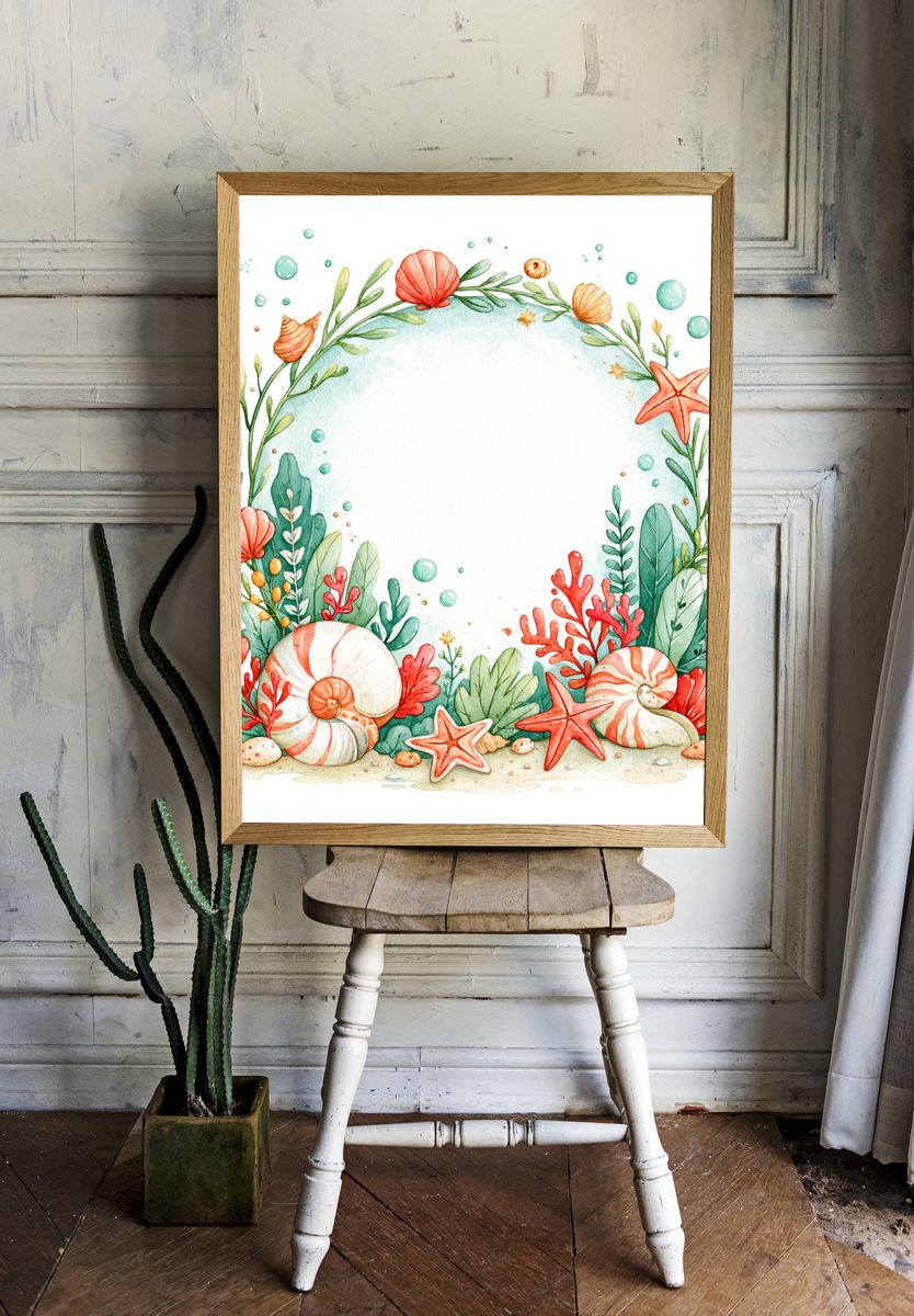 Seaside Shell Wreath Watercolor Poster. — room view 1