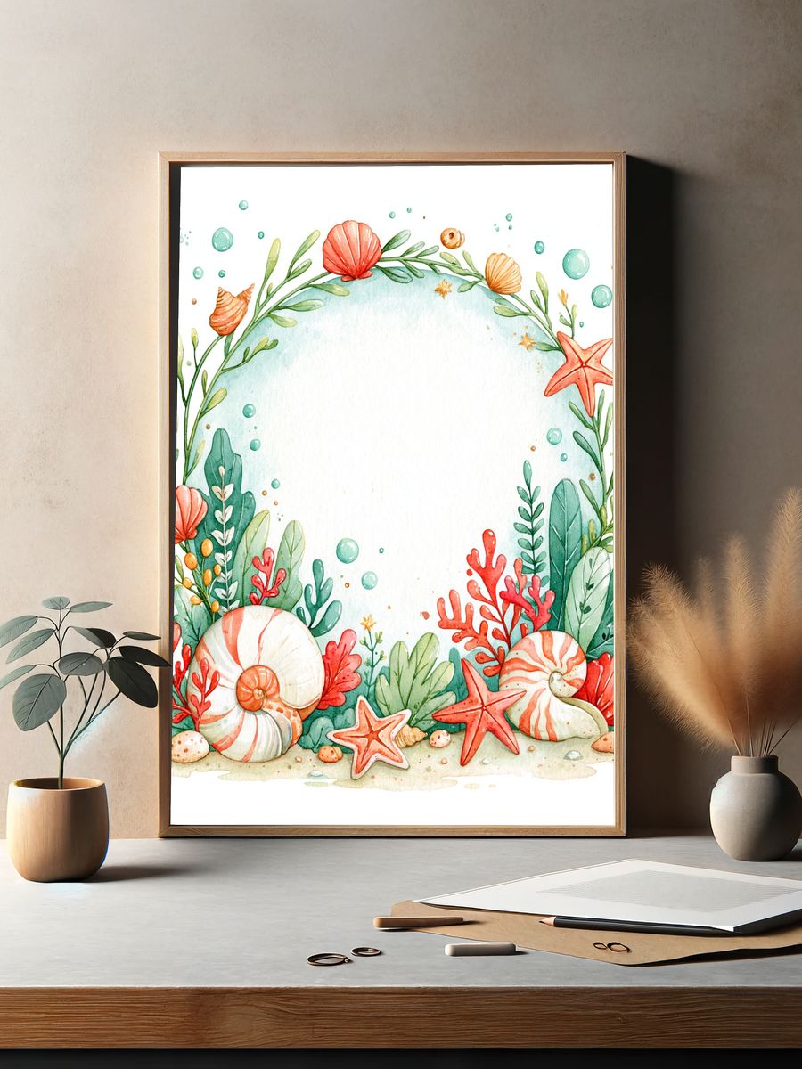 Seaside Shell Wreath Watercolor Poster. — room view 2