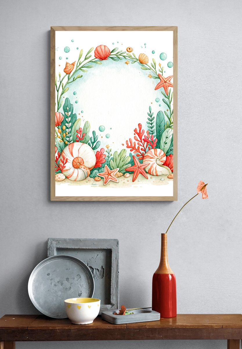Seaside Shell Wreath Watercolor Poster. — room view 3