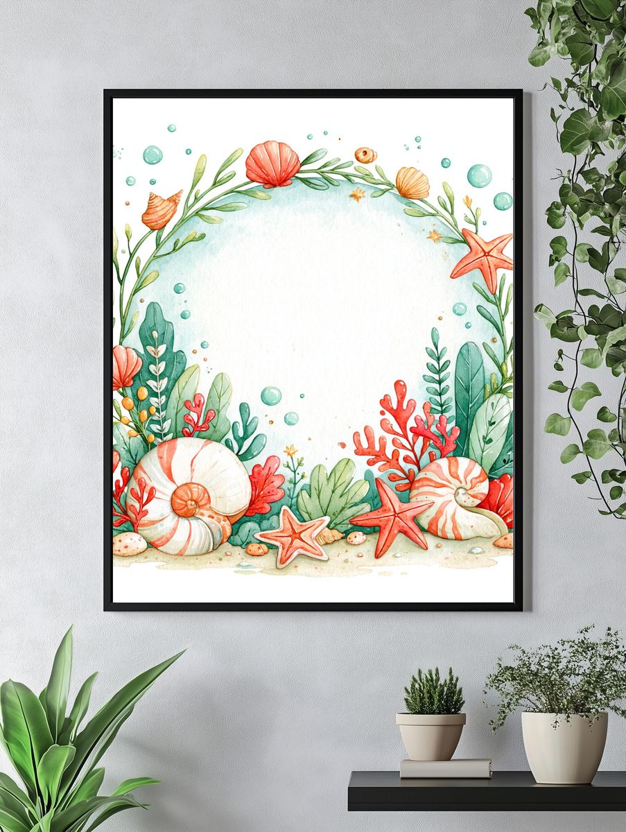 Seaside Shell Wreath Watercolor Poster. — room view 4