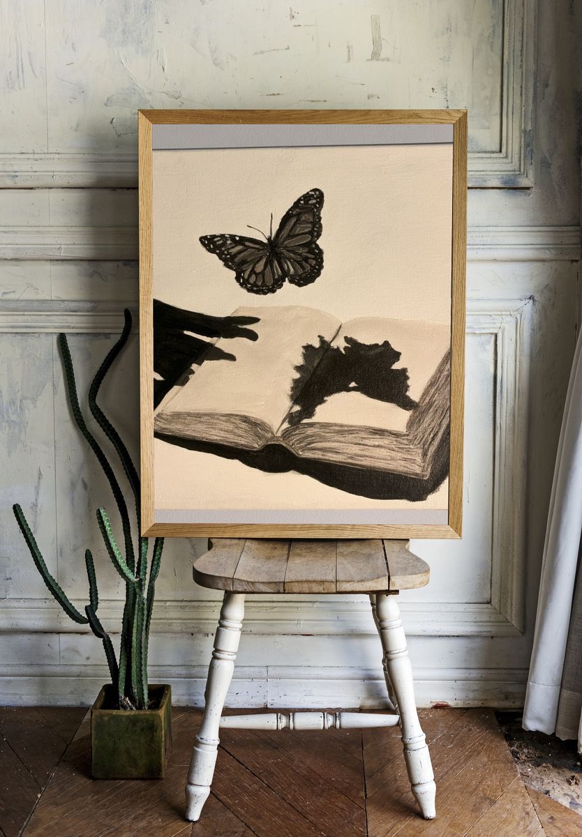 Butterfly and Open Book Illustration Poster. — room view 1