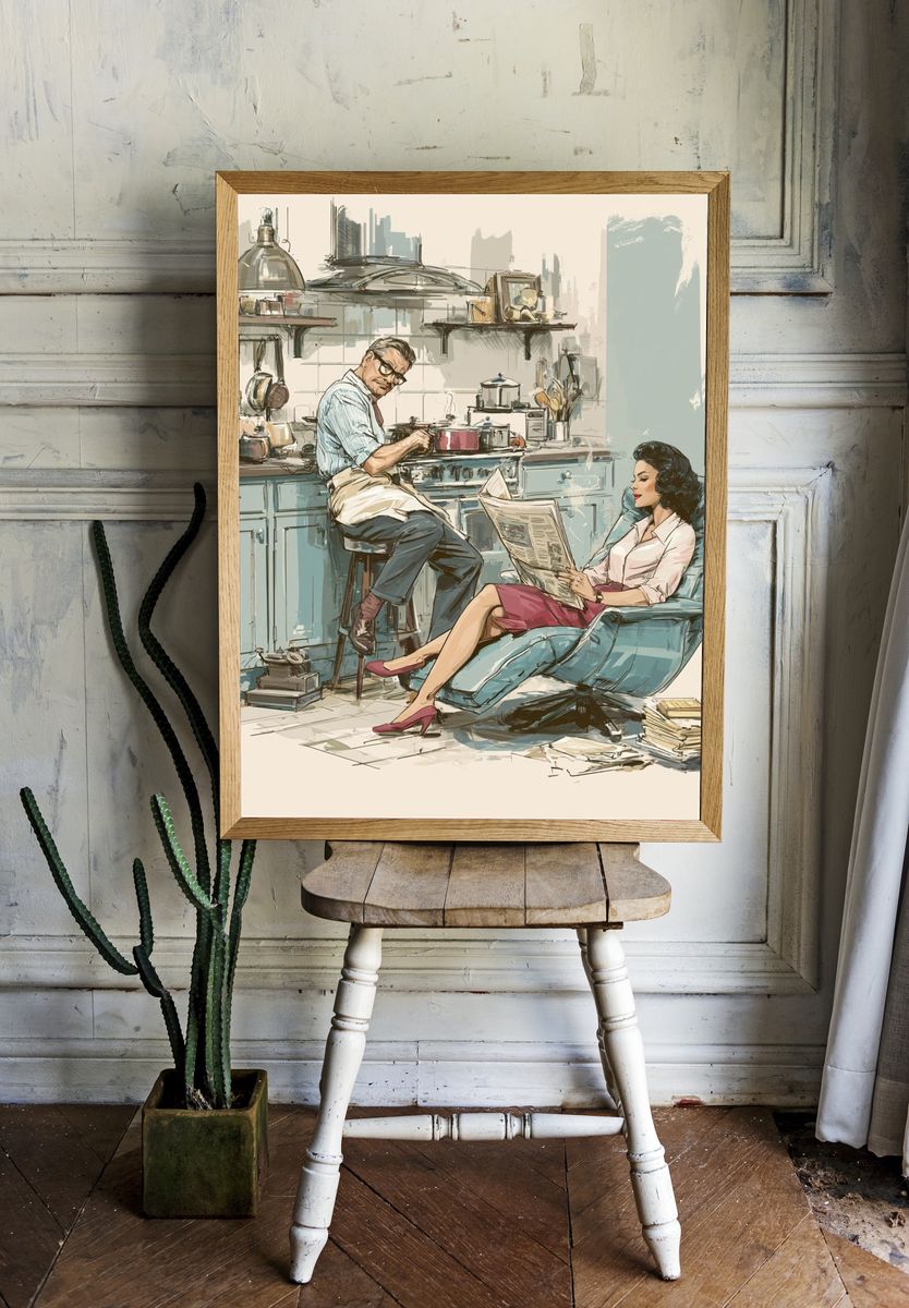 Mid-Century Kitchen Scene Illustration Print. room preview