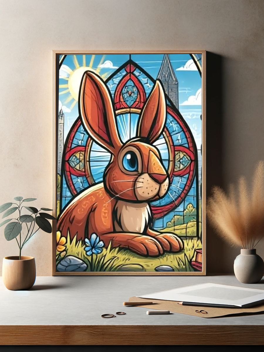 Stained Glass Rabbit Illustration Poster. — room view 2