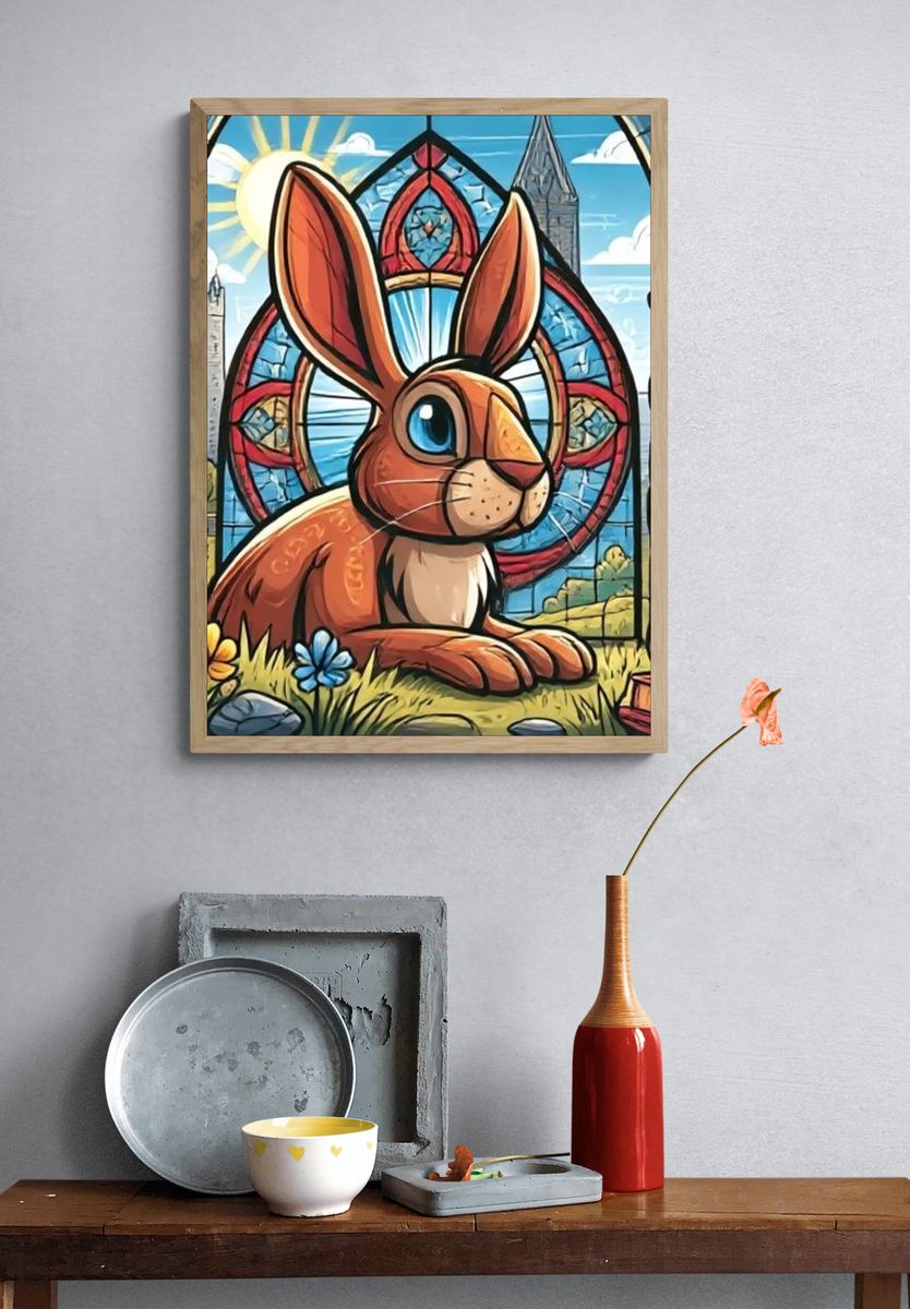 Stained Glass Rabbit Illustration Poster. — room view 3