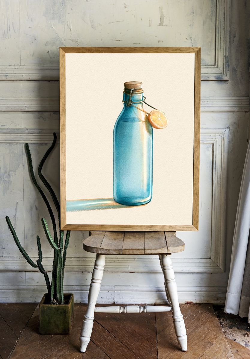 Blue Glass Bottle Watercolor Poster. room preview