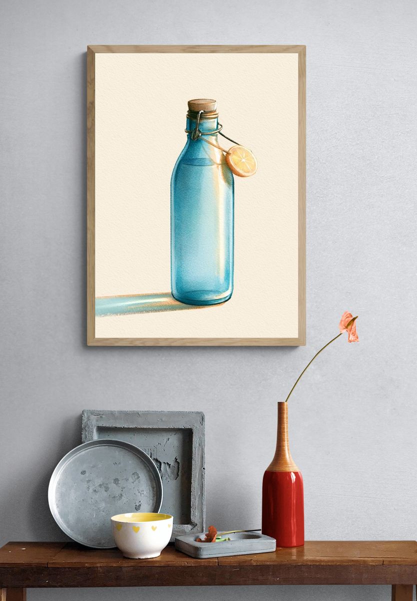 Blue Glass Bottle Watercolor Poster. — room view 3