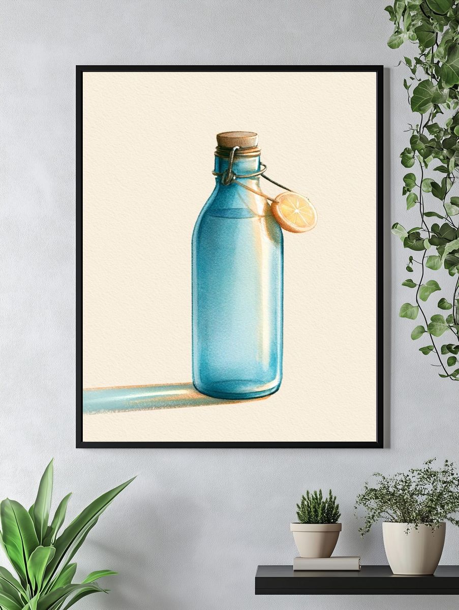 Blue Glass Bottle Watercolor Poster. — room view 4