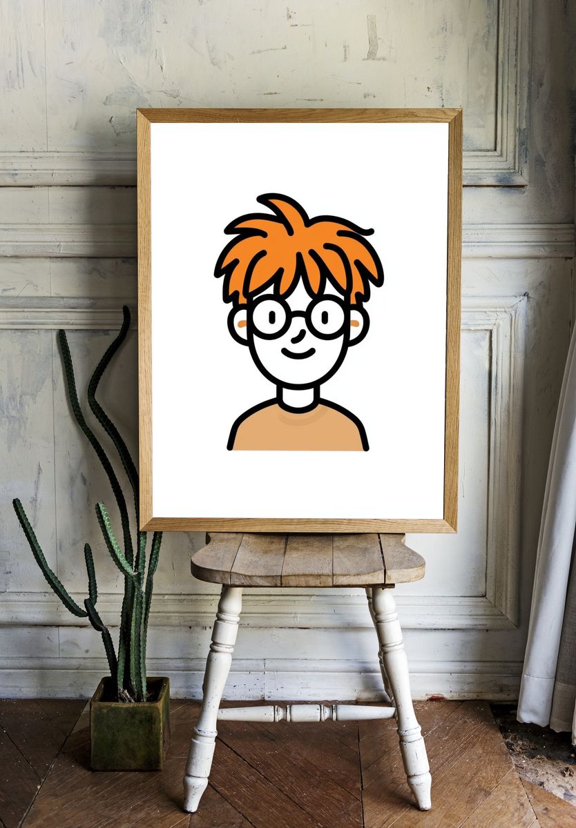 Red-Haired Cartoon Portrait Print. room preview