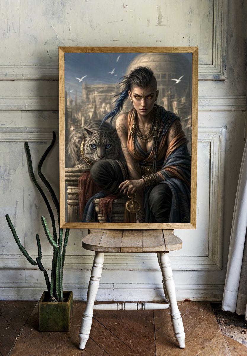 Warrior and Panther Fantasy Illustration Poster. — room view 1