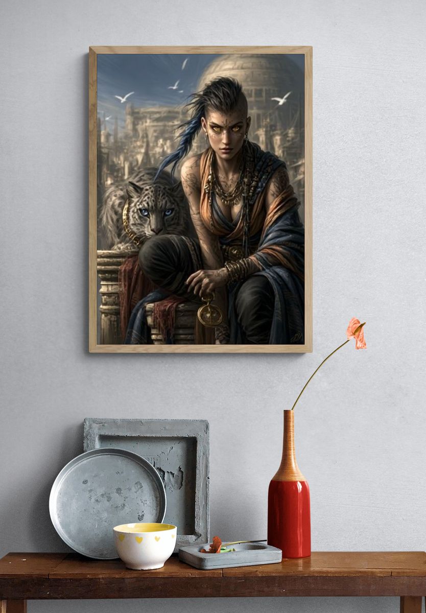 Warrior and Panther Fantasy Illustration Poster. — room view 3