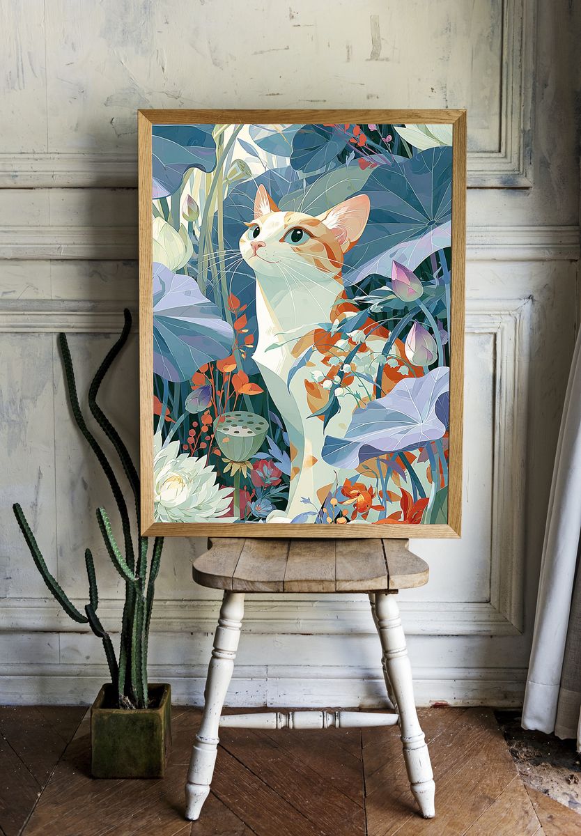 Cat in Lotus Garden Illustration Poster. room preview