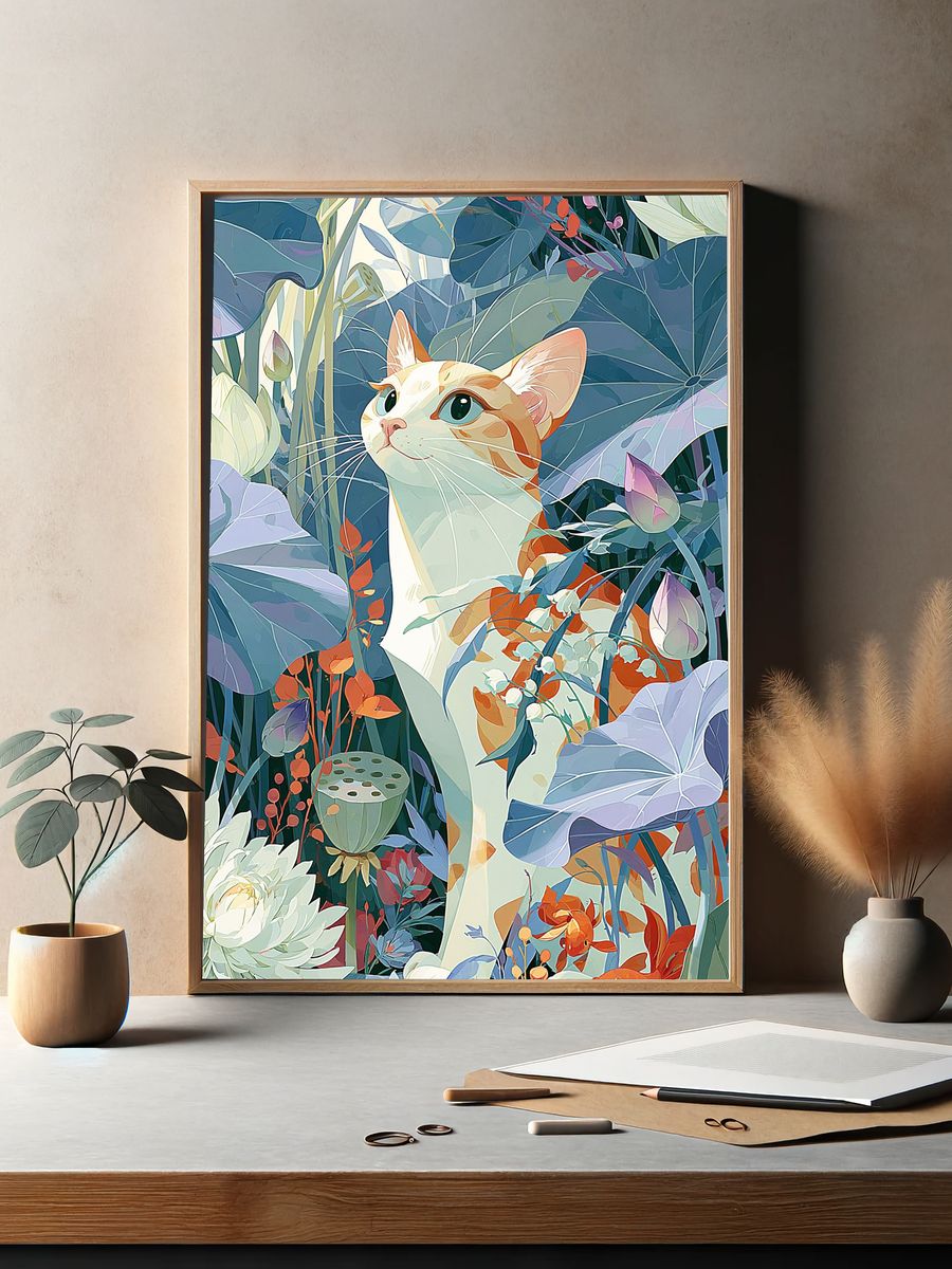 Cat in Lotus Garden Illustration Poster. — room view 2