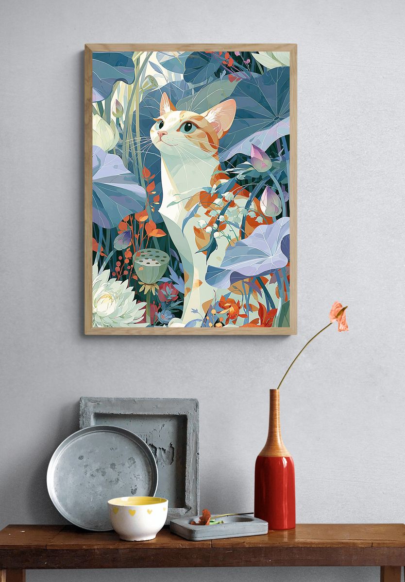 Cat in Lotus Garden Illustration Poster. — room view 3