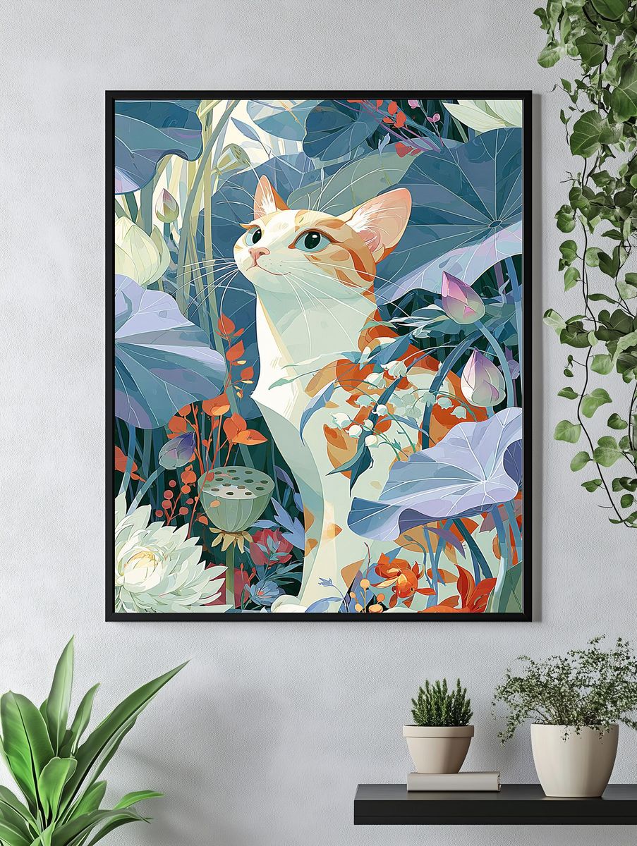 Cat in Lotus Garden Illustration Poster. — room view 4