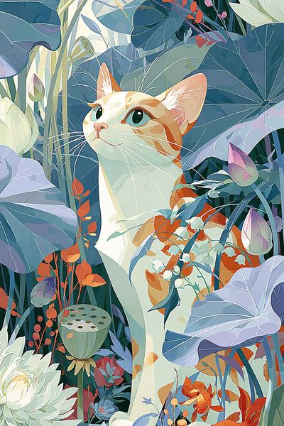 Cat in Lotus Garden Illustration Poster.