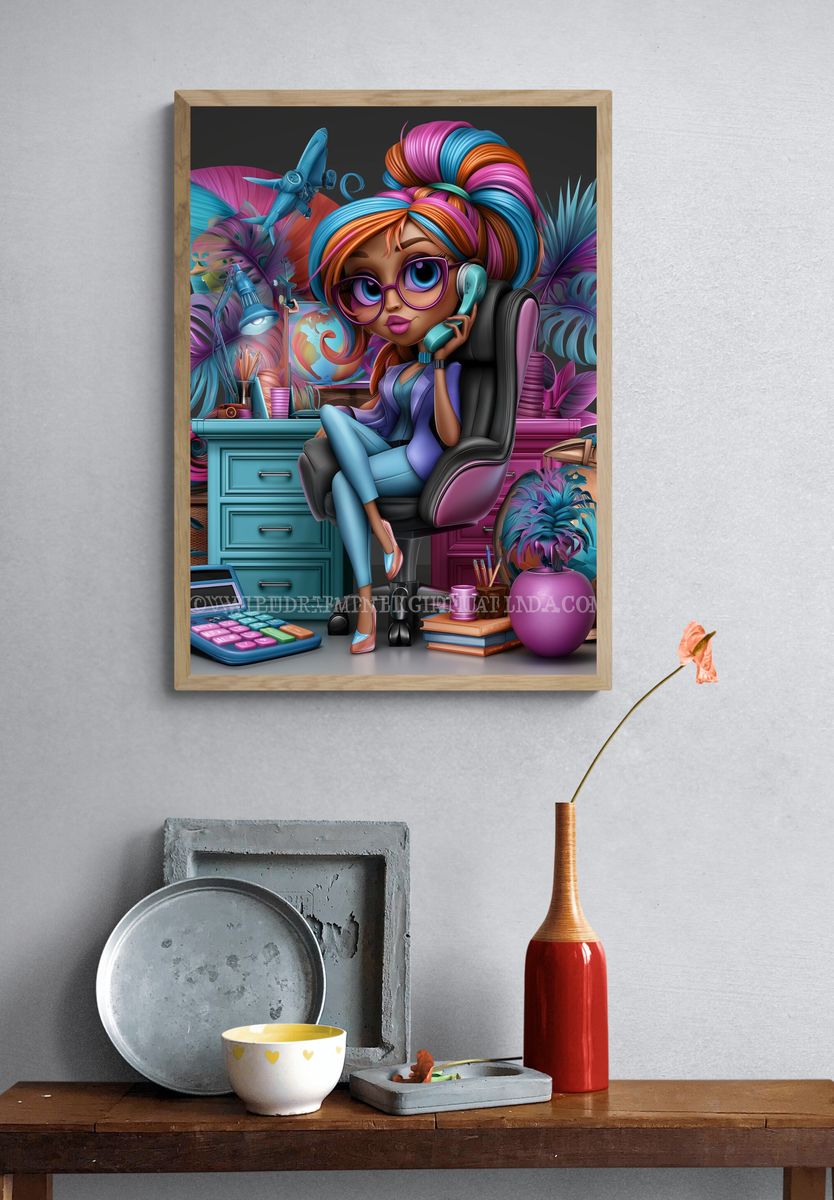 Colorful Girl Office Illustration Poster. — room view 3