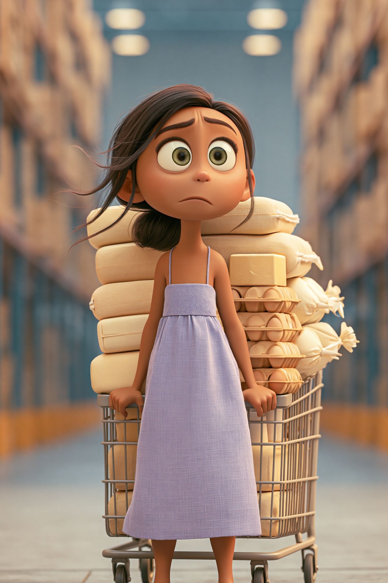 Anxious Girl with Grocery Cart Poster. poster — illustration art