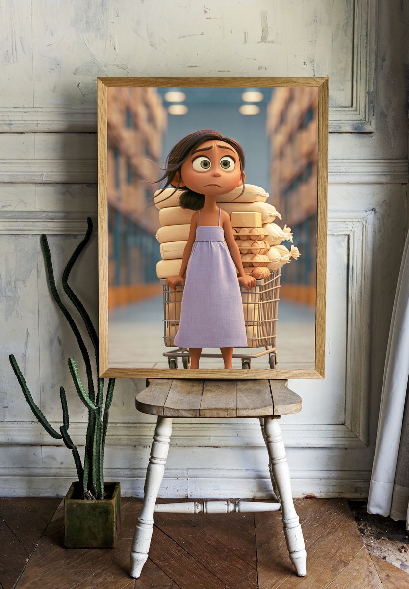 Anxious Girl with Grocery Cart Poster. room preview