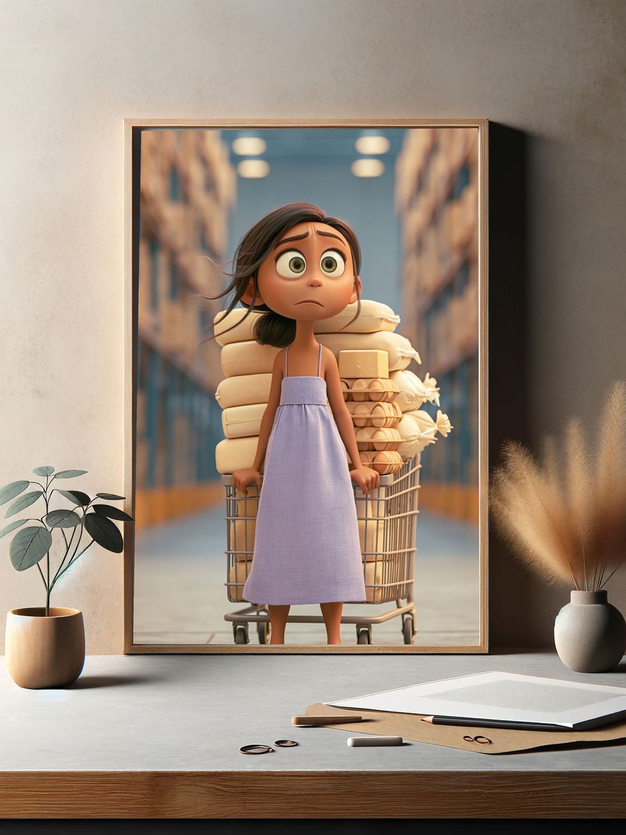 Anxious Girl with Grocery Cart Poster. — room view 2