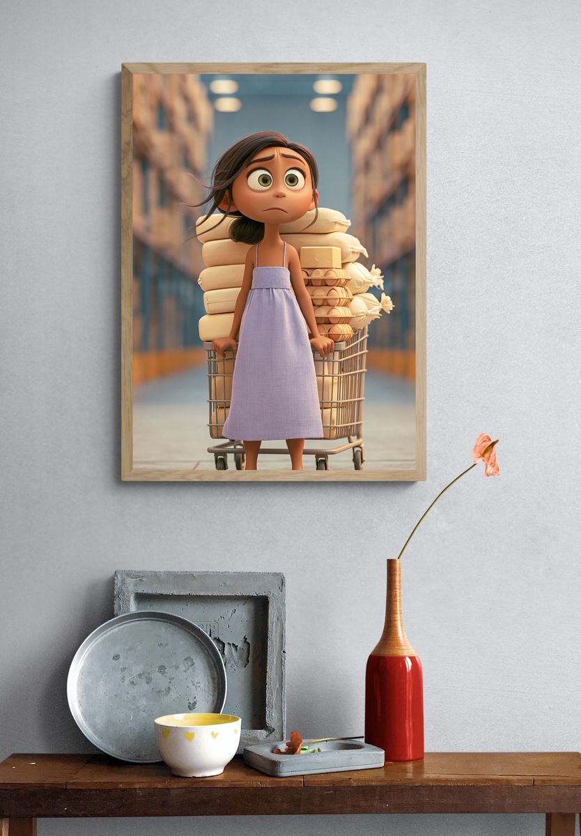 Anxious Girl with Grocery Cart Poster. — room view 3