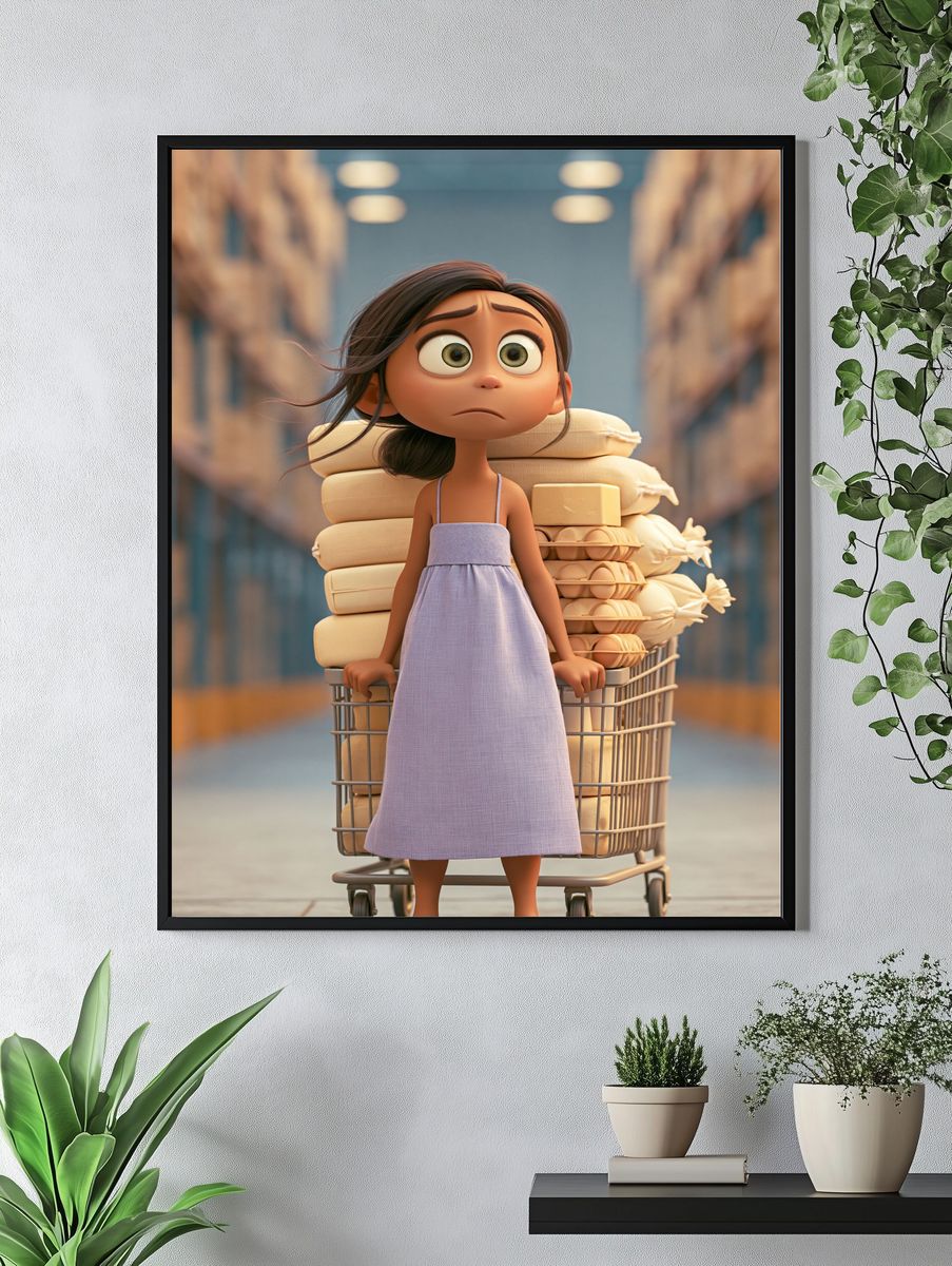 Anxious Girl with Grocery Cart Poster. — room view 4