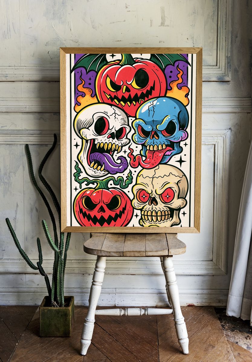 Halloween Skull Pumpkins Illustration Poster. room preview