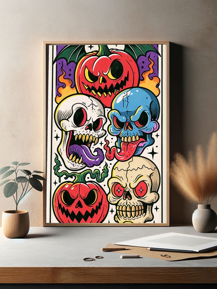 Halloween Skull Pumpkins Illustration Poster. — room view 2