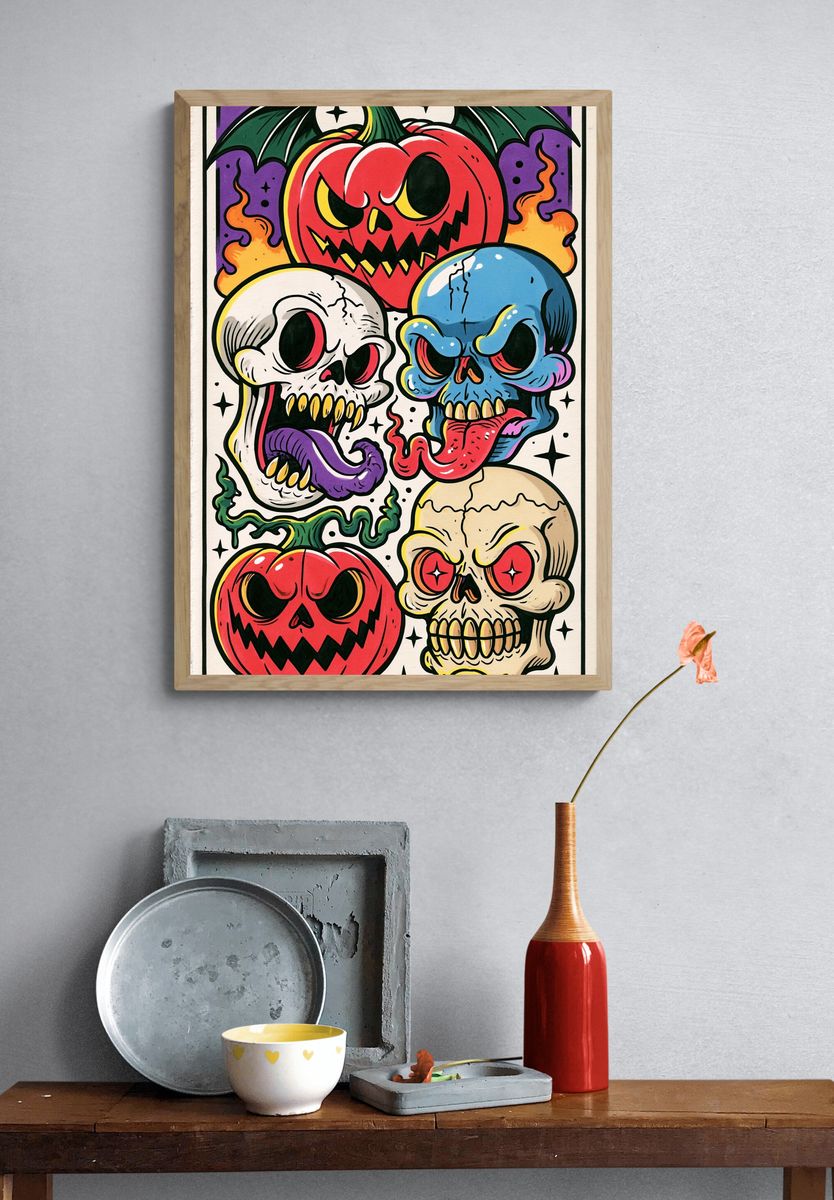 Halloween Skull Pumpkins Illustration Poster. — room view 3